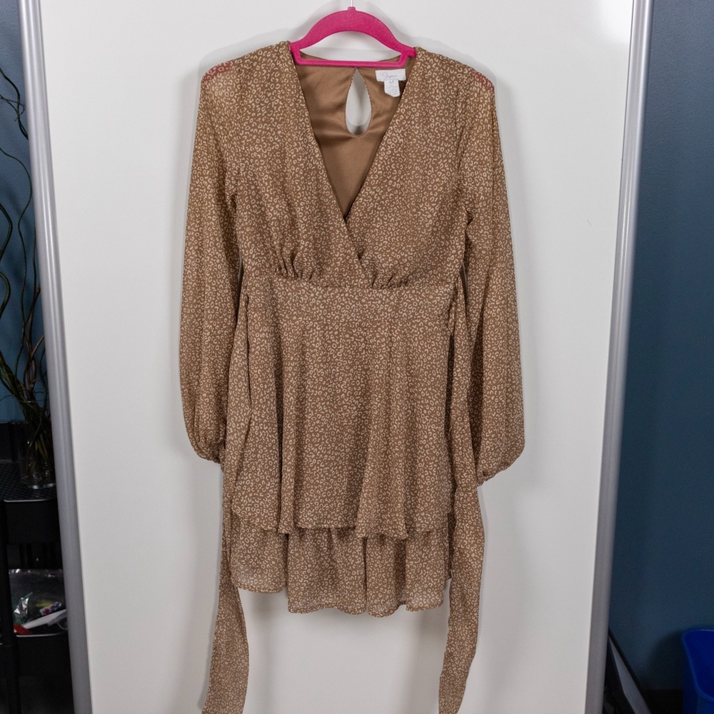 Long Sleeve Leopard Print Ruffle Hem Chiffon Dress